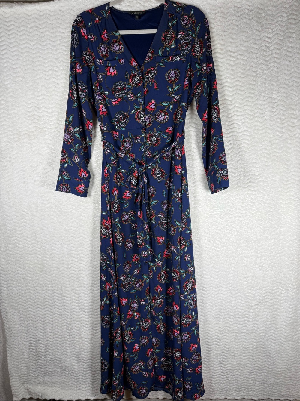 Express Navy Floral Wrap Maxi Dress with Tie Waist